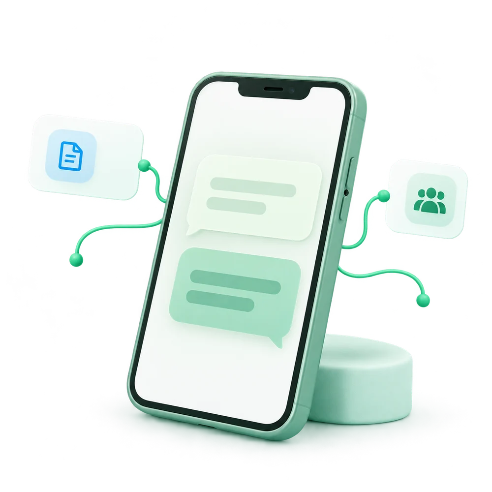 Ilustrasi perangkat WhatsApp yang terhubung dengan pesan dan kontak.